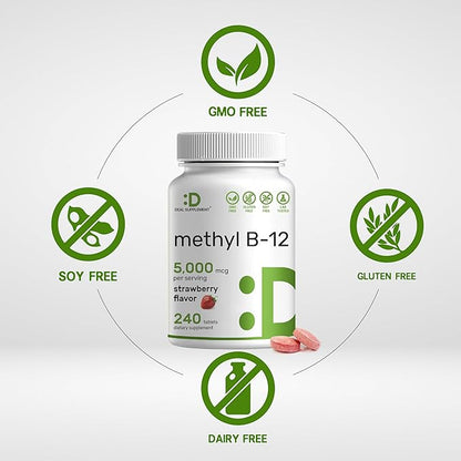 DEAL SUPPLEMENT Methyl B-12 Vitamins 5000 mcg, 240 Chewable Tablets | Active Form - Strawberry Flavored - Energy Support & Brain Health Function - Vegetarian & GMO Free