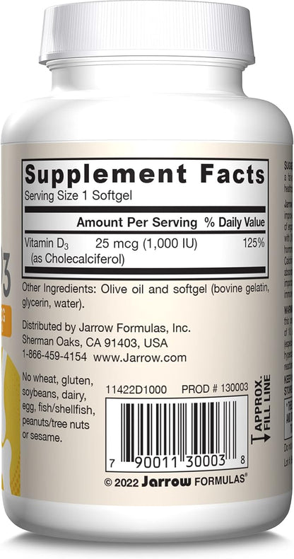 Jarrow Formulas Vitamin D3 25 mcg, Dietary Supplement, Bone and Joint, Support for Immune Health and Calcium Metabolism, 100 Softgels, 100 Day Supply