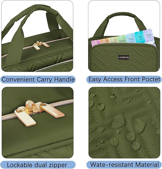 Leudes Travel Pill Bottle Organizer,Medicine Organizer and Storage,Home Medication Bag, Cases,Carrier for Pills,Vitamin,Fish Oil,Supplements for Women and Men (Large, Army Green)