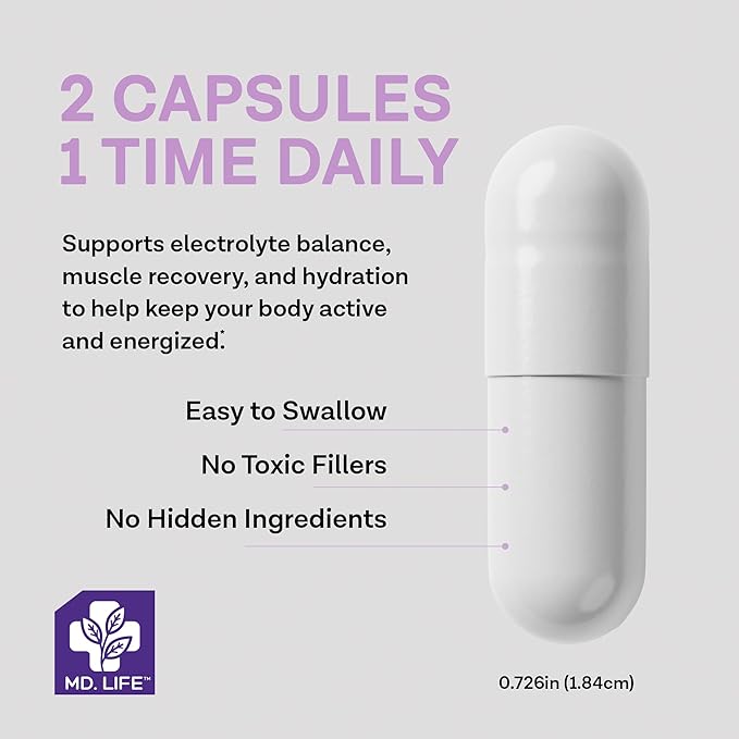 MD. Life Magnesium Potassium Supplement - 30 Capsules - High Absorption Magnesium Complex - Magnesium Supplement to Support Vascular Health & Leg Cramp 30cts