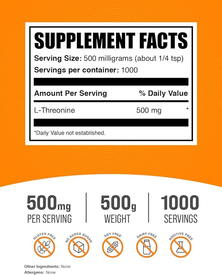 BulkSupplements.com L-Threonine Powder -Threonine Supplement, Amino Acid Supplement - Essential Amino Acid, Gluten Free, 500mg per Serving, 500g (1.1 lbs) (Pack of 1)
