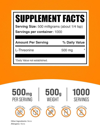 BulkSupplements.com L-Threonine Powder -Threonine Supplement, Amino Acid Supplement - Essential Amino Acid, Gluten Free, 500mg per Serving, 500g (1.1 lbs) (Pack of 1)
