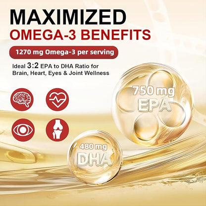 Triple Omega 3-6-9 Fish Oil 2000mg - High Potency with Vitamin D3 & Astaxanthin, Support for Heart, Brain and Immune Health - Includes Flaxseed & Borage, 60 Servings