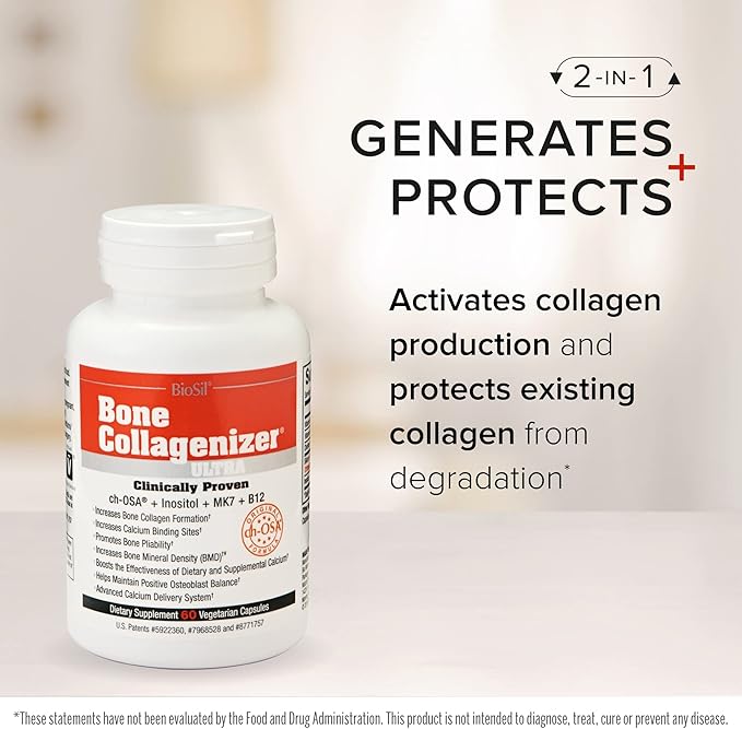 Biosil Bone Collagenizer Ultra - 60 Veggie Capsules - with Patented ch-OSA Complex + Choline, Inositol, MK7 & Vitamin B12 - GMO Free - 30-Day Supply