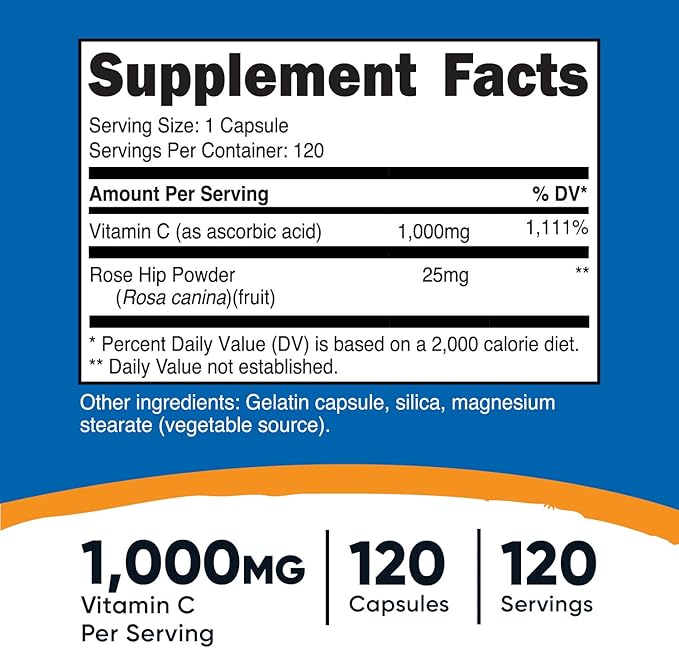 Nutricost Vitamin C with Rose HIPS 1025mg, 120 Capsules - Vitamin C 1000mg, Rose HIPS 25mg, Premium, Non-GMO, Gluten Free Supplement