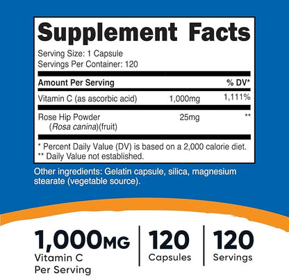 Nutricost Vitamin C with Rose HIPS 1025mg, 120 Capsules - Vitamin C 1000mg, Rose HIPS 25mg, Premium, Non-GMO, Gluten Free Supplement