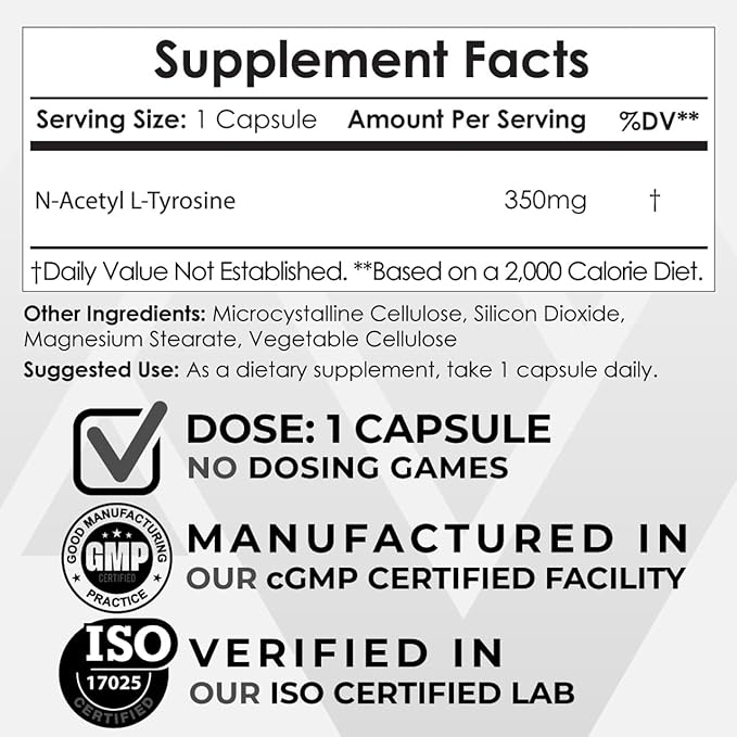 Nootropics Depot N-Acetyl L-Tyrosine Capsules | 350mg | 120 Count | NALT | Amino Acid Supplement | Natural Supplement | Supports Memory, Learning, Focus, Healthy Stress Levels