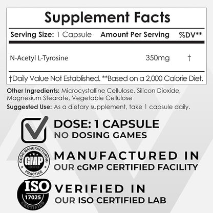 Nootropics Depot N-Acetyl L-Tyrosine Capsules | 350mg | 120 Count | NALT | Amino Acid Supplement | Natural Supplement | Supports Memory, Learning, Focus, Healthy Stress Levels