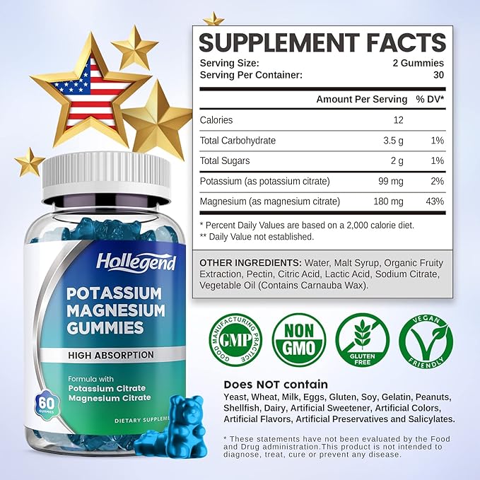 Potassium Magnesium Gummies, High Absorption Potassium Citrate 99mg Magnesium Citrate 180mg, Chewable Gummy Supplements for Leg Cramps & Muscle, 120 Count