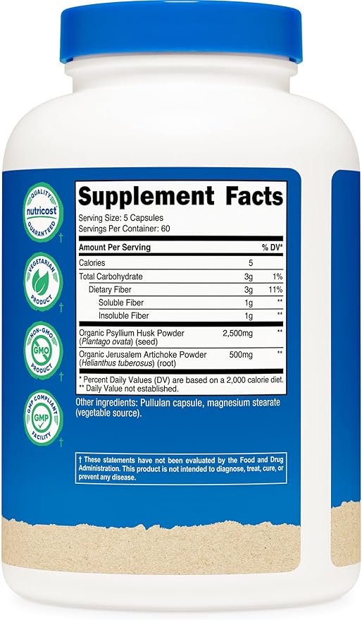 Nutricost Fiber Capsules with Prebiotic Fiber Supplement 300 Capsules - Made with Organic Psyllium Husk & Organic Jerusalem Artichoke, 60 Servings, Gluten Free, 3 G Per Serving