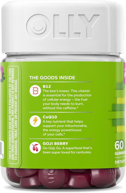 OLLY Daily Energy Gummy, Caffeine Free, Vitamin B12, CoQ10, Goji Berry, Adult Chewable Supplement, Tropical Flavor - 60 Count