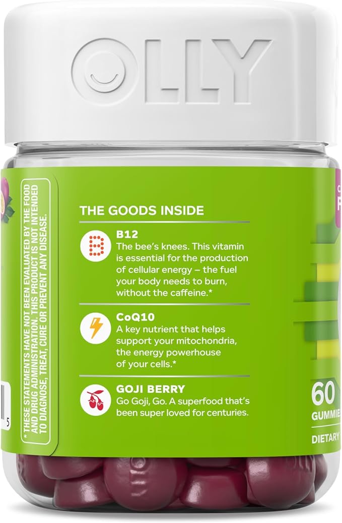 OLLY Daily Energy Gummy, Caffeine Free, Vitamin B12, CoQ10, Goji Berry, Adult Chewable Supplement, Tropical Flavor - 60 Count