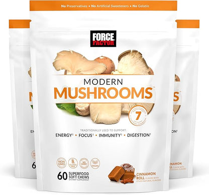 FORCE FACTOR Modern Mushrooms Soft Chews, Mushroom Supplement with Lions Mane, Turkey Tail, & Cordyceps to Support Energy, Immunity, & Digestion, Cinnamon Roll, 180 Soft Chews, 3-Pack