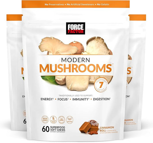 FORCE FACTOR Modern Mushrooms Soft Chews, Mushroom Supplement with Lions Mane, Turkey Tail, & Cordyceps to Support Energy, Immunity, & Digestion, Cinnamon Roll, 180 Soft Chews, 3-Pack