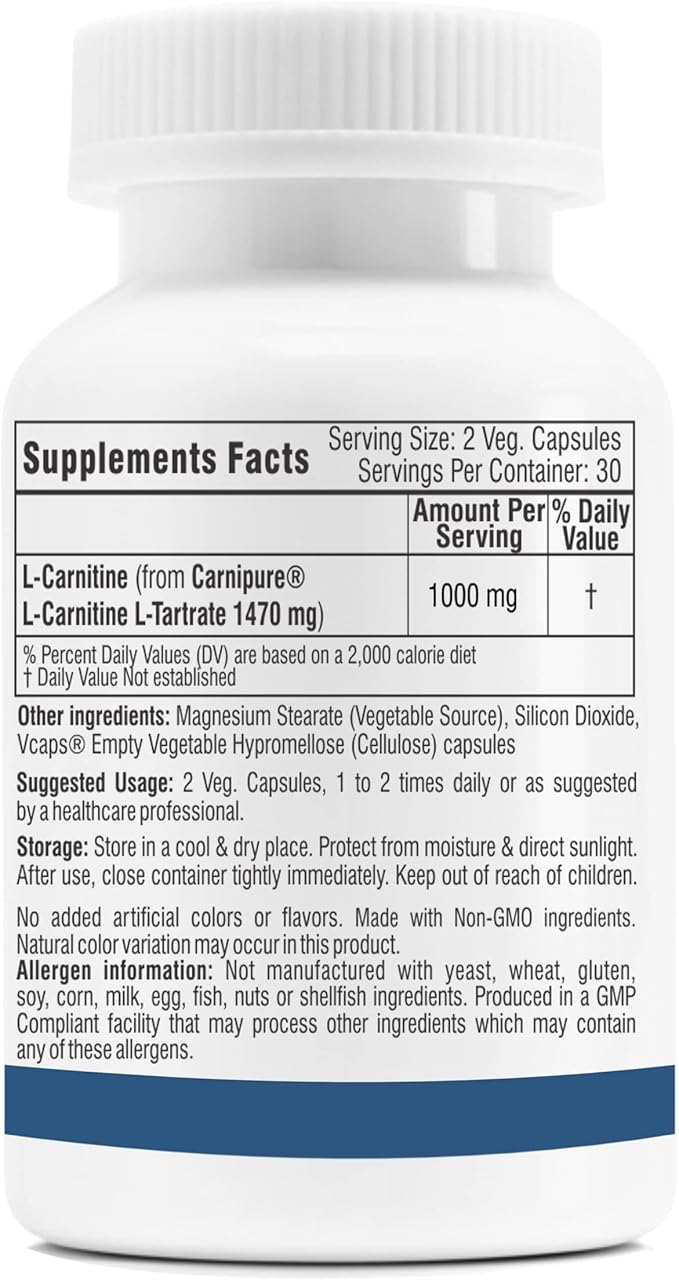 Trexgenics L-Carnitine L Tartrate VEGAN & GLUTEN FREE CARNIPURE (Lonza, Switzerland) L-Carnitine L-Tartrate 735mg (60 Veg. Capsules)