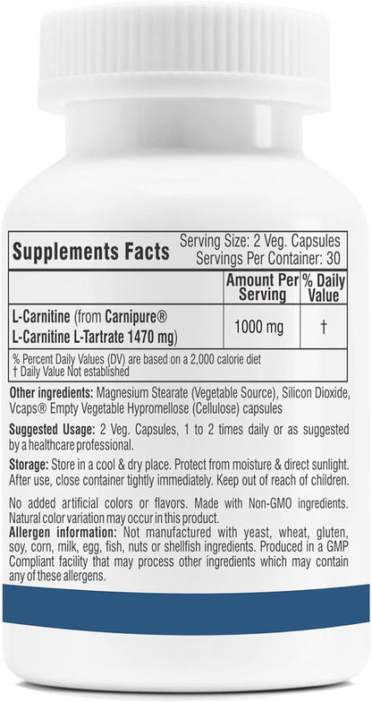 Trexgenics L-Carnitine L Tartrate VEGAN & GLUTEN FREE CARNIPURE (Lonza, Switzerland) L-Carnitine L-Tartrate 735mg (60 Veg. Capsules)