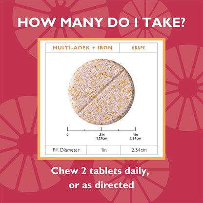 Celebrate Vitamins Multi ADEK Chewables, 60mg Iron - Daily Bariatric Multivitamin, Vitamins A, D, E, K & B12 for Duodenal Switch Surgery Patients - Grape (60 Tablets)