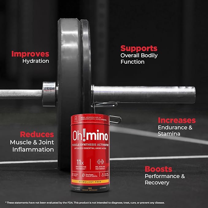 Oh!mino Amino Acids Supplement, Ultimate Muscle Synthesis Activator, Pre and Post Workout Vitamins for Body Conditioning and Muscle Recovery, 180 Vegan Muscle Builder Capsules - Oh!Nutrition