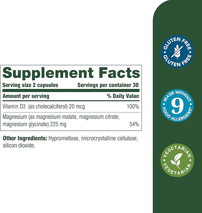 MegaFood Magnesium + Vitamin D3 Magnesium Complex with Magnesium Glycinate Magnesium Citrate & Magnesium Malate Vitamin D for Immune & Bone Support Vegetarian - 60 Capsules, 30 Servings (2 Pack)