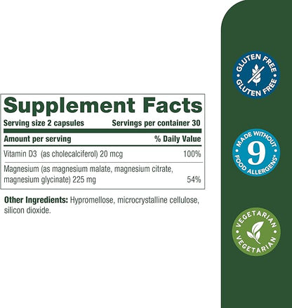 MegaFood Magnesium + Vitamin D3 Magnesium Complex with Magnesium Glycinate Magnesium Citrate & Magnesium Malate Vitamin D for Immune & Bone Support Vegetarian - 60 Capsules, 30 Servings (2 Pack)