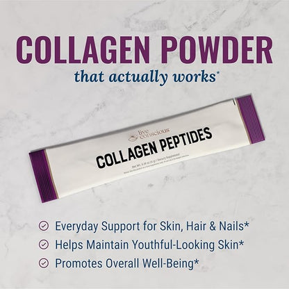 Live Conscious Collagen Peptides Powder Unflavored Packets - Hydrolyzed Collagen Powder - Hair, Skin, Nail, & Joint Support - Type I & III Grass-Fed Collagen Supplements for Women and Men - Pack of 20
