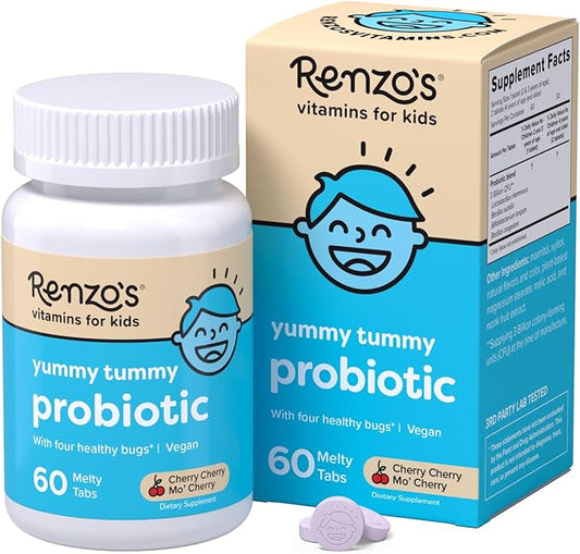 Renzo's Kids Probiotic - Dissolvable Probiotics for Digestive Health & Immune Support - 60 Cherry-Flavored Melty Tabs