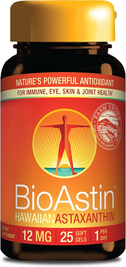 Nutrex Hawaii BioAstin Hawaiian Astaxanthin - 12mg, 25 Softgels - Farm-Direct Premium Antioxidant Supplement to Support Eye, Skin, Joint & Immune System Health - Non-GMO & Gluten-Free