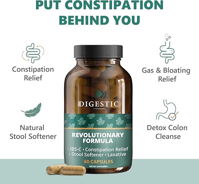 Digestic - Laxative for Constipation Relief, Stool Softener for IBS Severe and Strong Constipation 100% Natural - 180 Capsules - Colon Detox Cleanse, Gas and Bloating Stomach Relief for Adults