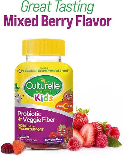 Culturelle Daily Probiotic for Kids + Veggie Fiber Gummies (Ages 3+) 30 Count Berry Flavor - Probiotics for Digestive Health & Immune Support Plus Vitamin C Kids Boost