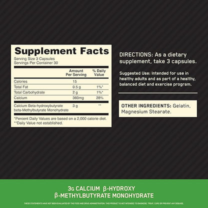 Optimum Nutrition HMB 1000 Caps, 1g of Calcium beta-Hydroxy beta-methylbutyrate per Capsule, 90 Capsules, 30 Servings