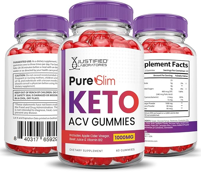 (3 Pack) Pure Slim Keto ACV Gummies Advanced Formula 1000MG PureSlim Keto Gummies Apple Cider Vinegar Formulated with Pomegranate Beet Juice Powder B12 Vegan Non GMO 180 Gummys
