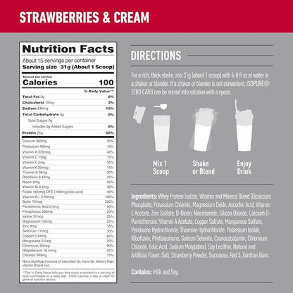 Isopure Protein Powder, Zero Carb Whey Isolate, Gluten Free, Lactose Free, 25g Protein, Keto Friendly, Strawberries & Cream, 15 Servings, 1 Pound (Packaging May Vary)