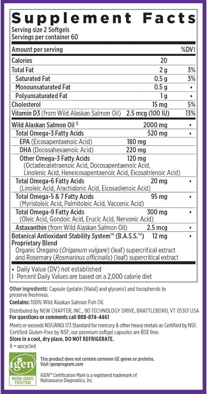 New Chapter Wholemega Fish Oil Supplement - Wild Alaskan Salmon Oil with Omega-3 + Vitamin D3 + Astaxanthin + Sustainably Caught - 120 ct, 1000mg Softgels