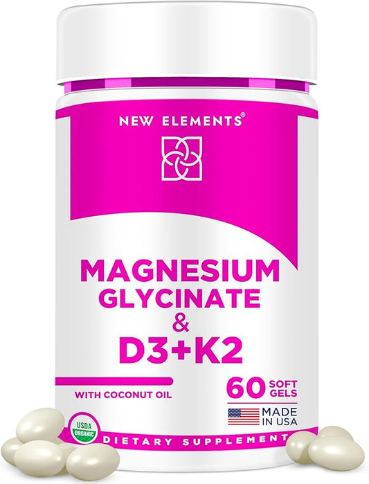 Magnesium Glycinate 500mg Organic Softgels with Vitamin D3 and K2 | D3 10,000 IU | Vitamin K2 100mcg with Coconut Oil for Bone Health | Immunity Support | Non-GMO | Gluten-Free | Sugar Free