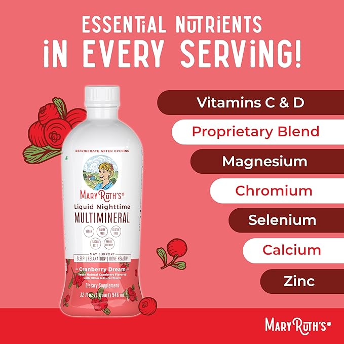 MaryRuth Organics Liquid Nighttime Multimineral Sleep Supplement | Sugar Free | Calm Magnesium Citrate | NO Melatonin | Calcium Magnesium Zinc | Available in 4 Flavors | Gluten Free | 32 Servings