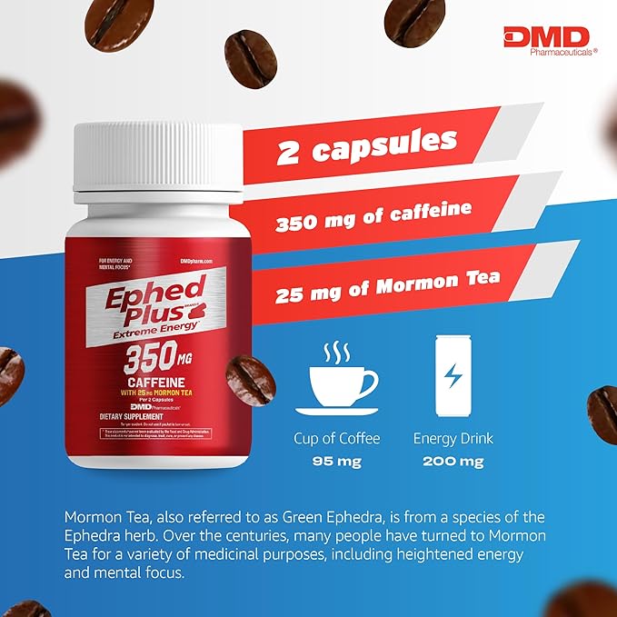 Ephed Plus Extreme Energy with Mormon Tea, 350 mg Caffeine Supplement with Vitamin B6, B12, and 25mg Mormon Tea per 2 Capsule Serving, 100 Capsules