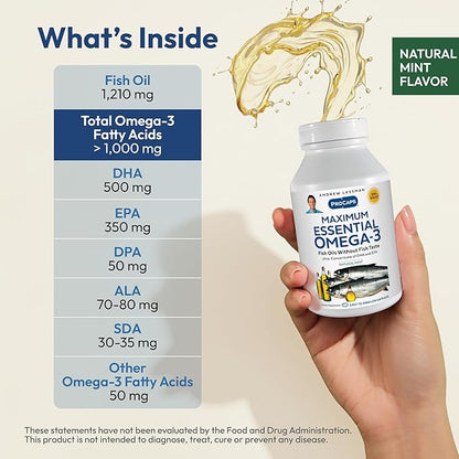 ANDREW LESSMAN Maximum Essential Omega-3 Mint - 60 Softgels - Ultra-Pure, High Potency Omega-3 Oils. High DHA, No Stomach Upset, No Contaminants, No Mercury. Small Easy to Swallow Softgels