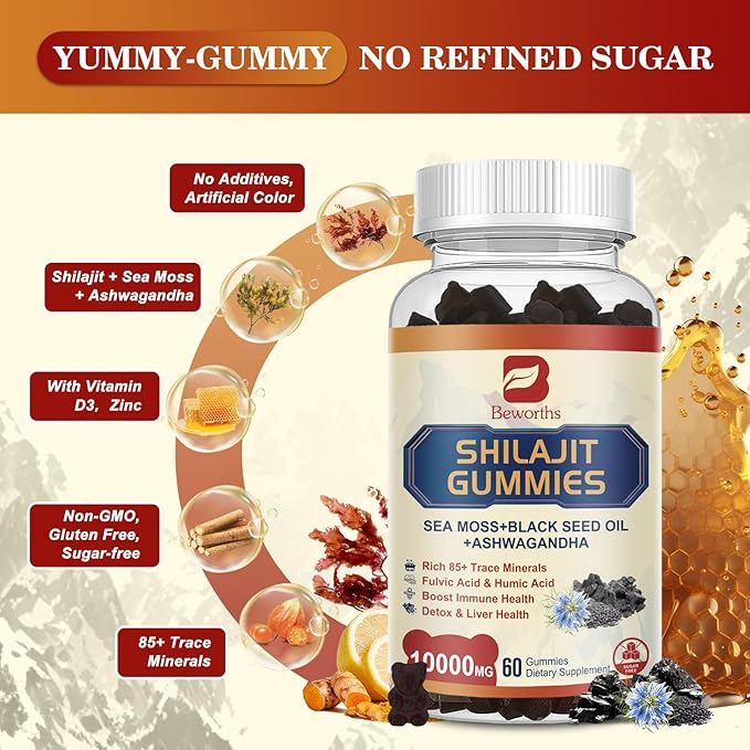 Shilajit Resin Gummies, Shilajit Irish Sea Moss Supplement with Black Seed Oil, Ashwagandha Ginger, Panax Ginseng, Shilajit Gummies with 85+ Trace Minerals & Fulvic Acid for Energy, Immune Support