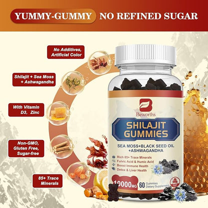 Shilajit Resin Gummies, Shilajit Irish Sea Moss Supplement with Black Seed Oil, Ashwagandha Ginger, Panax Ginseng, Shilajit Gummies with 85+ Trace Minerals & Fulvic Acid for Energy, Immune Support
