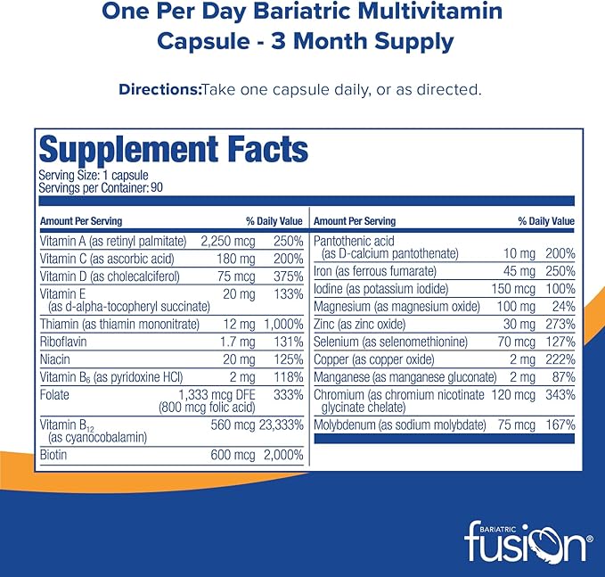 Bariatric Fusion One Per Day Bariatric Multivitamin with Iron | Easy to Swallow Capsule | Vitamin for Bariatric Surgery Patients | Gastric Bypass and Sleeve Gastrectomy | 90 Count | 3 Month Supply