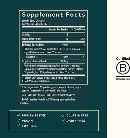 Gaia Herbs Quick Defense - Fast-Acting Immune Support Supplement for Use at Onset of Symptoms - with Echinacea, Black Elderberry, Ginger & Andrographis - 20 Vegan Liquid Phyto-Capsules (2-Day Supply)
