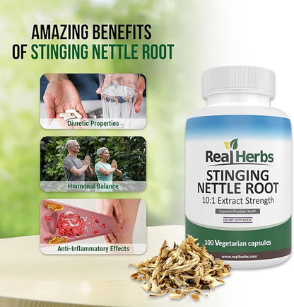 Real Herbs Stinging Nettle Root Extract 7500mg (750mg of 10:1 Extract) Vegetarian Friendly, Non-GMO, Gluten Free - Promotes Prostate & Urinary Tract Health - 100 Capsules
