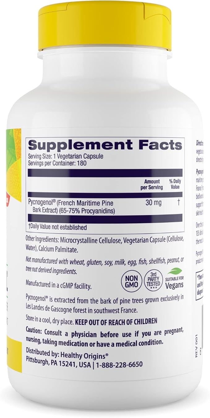 Healthy Origins Pycnogenol 30 mg - Premium Pine Bark Extract - French Maritime Pine Bark Extract for Heart Health, Skin Care & More - Gluten-Free & Non-GMO Supplement - 180 Veggie Caps