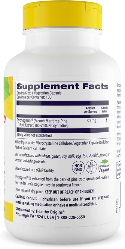 Healthy Origins Pycnogenol 30 mg - Premium Pine Bark Extract - French Maritime Pine Bark Extract for Heart Health, Skin Care & More - Gluten-Free & Non-GMO Supplement - 180 Veggie Caps