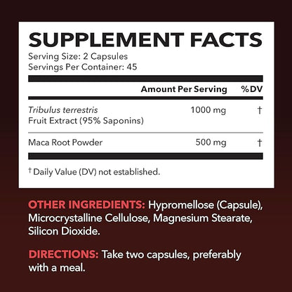 Tribulus Terrestris for Men (95% Saponins) with Maca Root - 1,000 mg Tribulus Terrestris Extract and Maca Root Capsules for Men - Male Performance Support - 90 Tribulus Extract and Maca Capsules