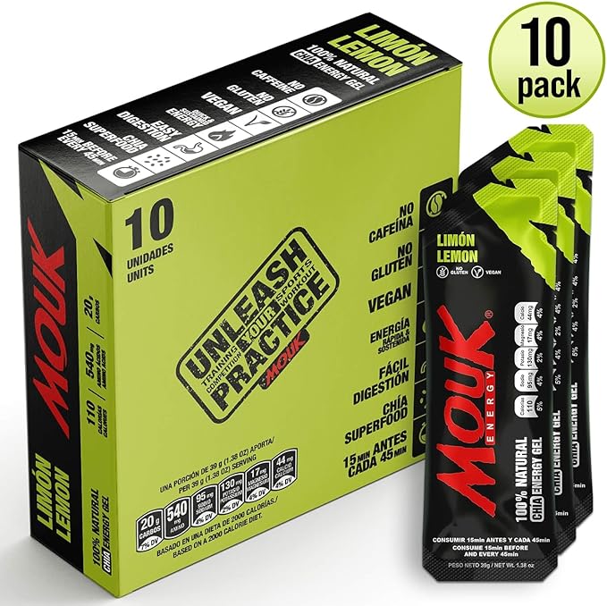 MOUK Energy Workout & Sports Nutrition Energy Gel - Lemon Flavor All Natural with Whole Chia Seeds | Easy Digestion, Vegan, Gluten Free, Essential Electrolyte | 1.38 Ounce (Pack of 10)