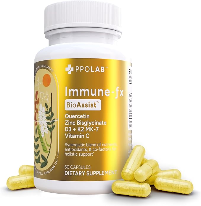 Immune-fx™ Advanced Daily Chelated Zinc Ionophore Immune Support Supplement with Quercetin 500mg Bioflavonoid, Antioxidant Vitamin C, D3, K2, DNA Heart Lung Aid, Clean Certified® 60 Vegan Capsules