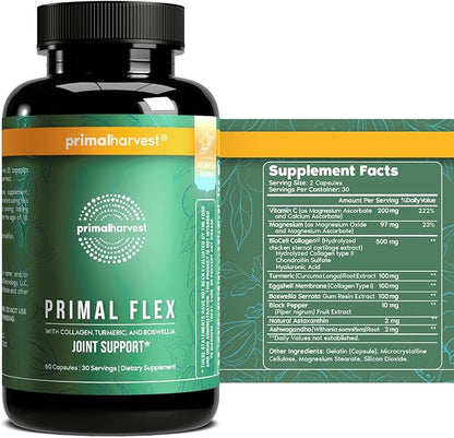 Primal Harvest, Primal Flex Joint Supplement with Collagen, Turmeric, Boswellia and Ashwagandha (60 Count) 1 Pack