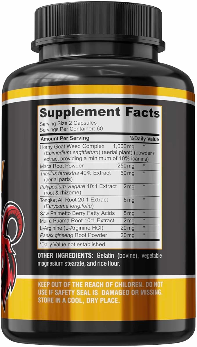 Horny Goat Weed Extra Strength Blend, 120 Capsules, w. Maca, Arginine, Ginseng, Tribulus, Tongkat, Libido, Stamina, Energy Support, Non-GMO Formula, 120 Caps
