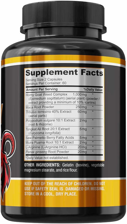 Horny Goat Weed Extra Strength Blend, 120 Capsules, w. Maca, Arginine, Ginseng, Tribulus, Tongkat, Libido, Stamina, Energy Support, Non-GMO Formula, 120 Caps